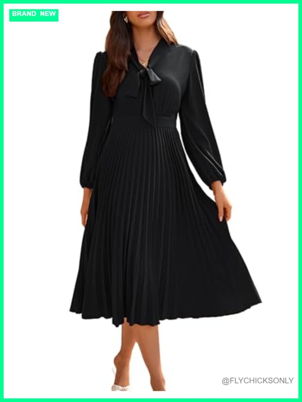 Womens Long Sleeve V Neck Pleated A Line Flowy Midi Dress
